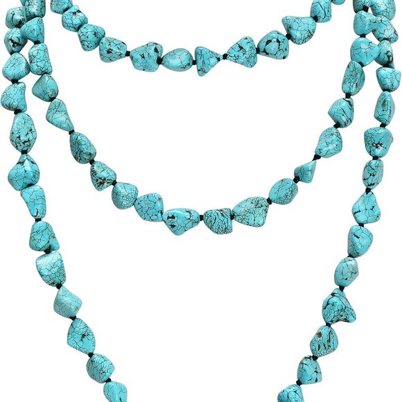 Turquoise Beads Endless Necklace Long Knotted Stone Multi-Strand Layer Necklaces - Picture 1 of 7